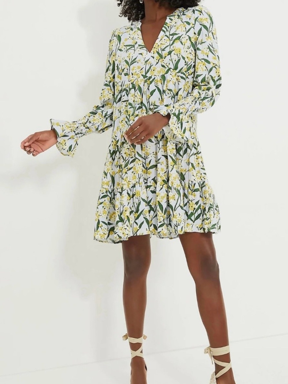 Pomander Place Pale Blue Floral V-Neck Mini Dress with Yellow & Green Print